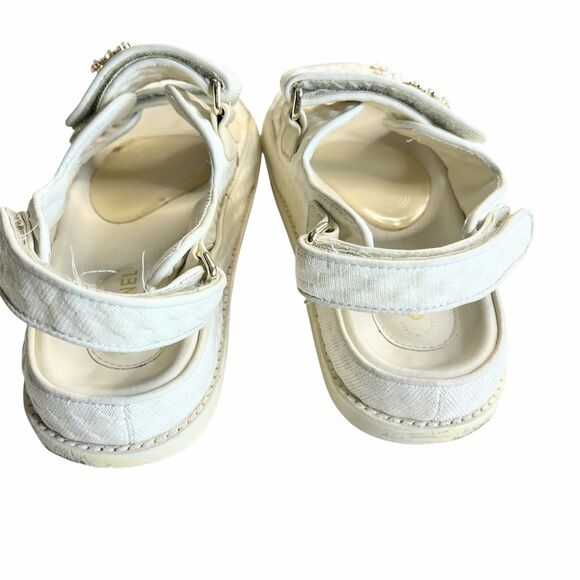 CHANEL Slide Women 40C Ivory Knit Interlocking CC Logo Mule Strap Flat Dad Teva - Picture 5 of 9